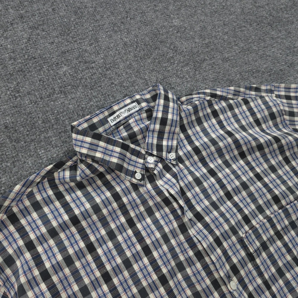 Vintage Emporio Armani Shirt Mens XL Blue Plaid Short Sleeve‎ Designer Casual